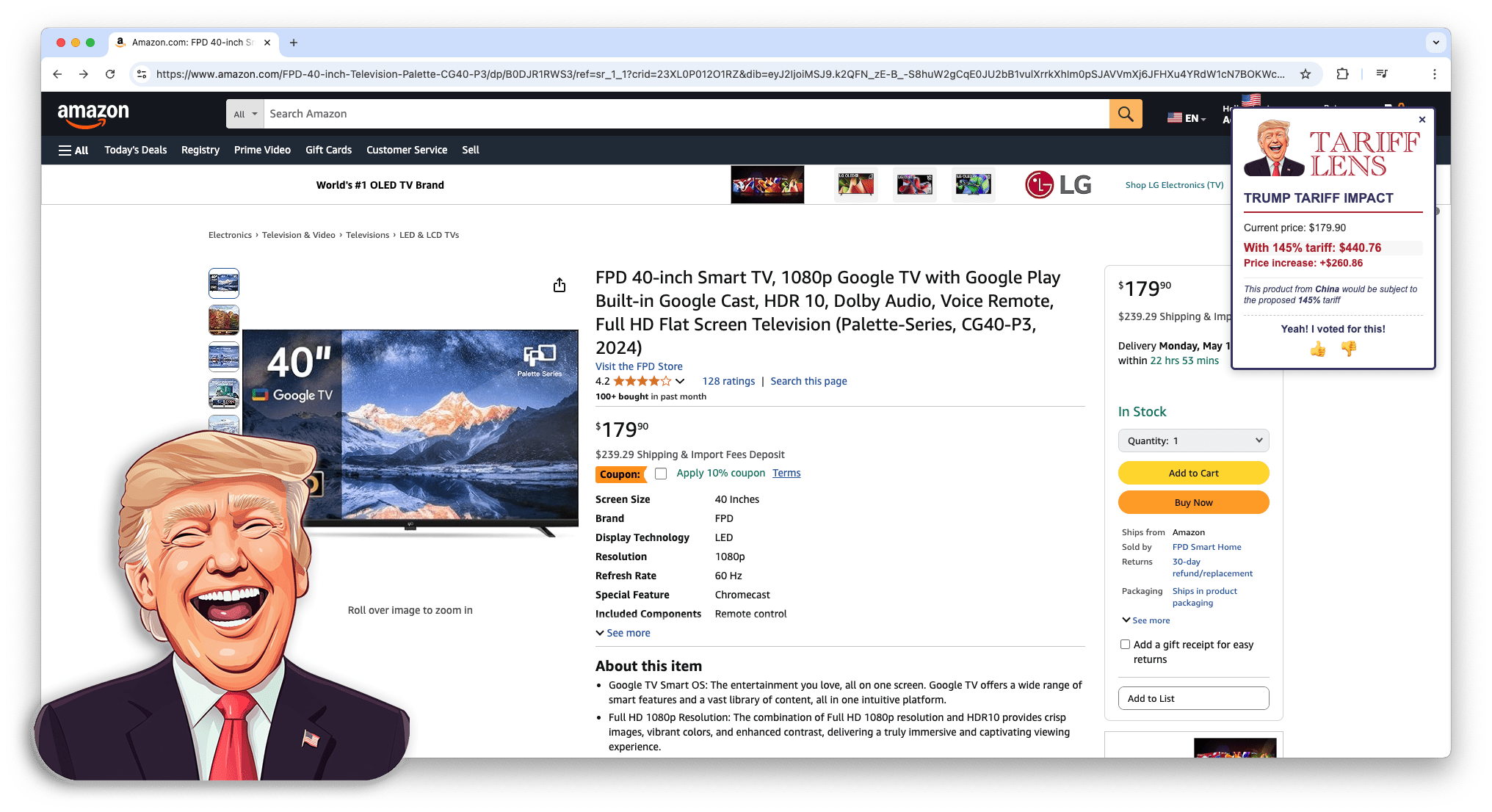 Tariff Lens in action on Amazon showing price with tariff