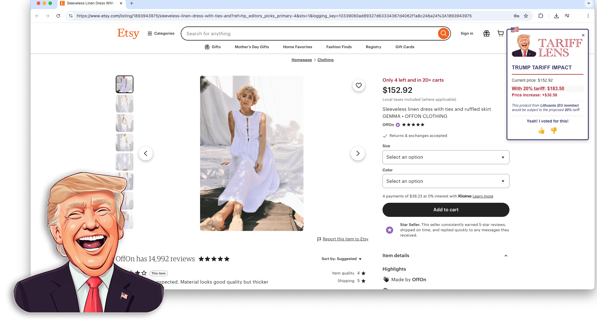 Tariff Lens in action on Etsy showing price with tariff
