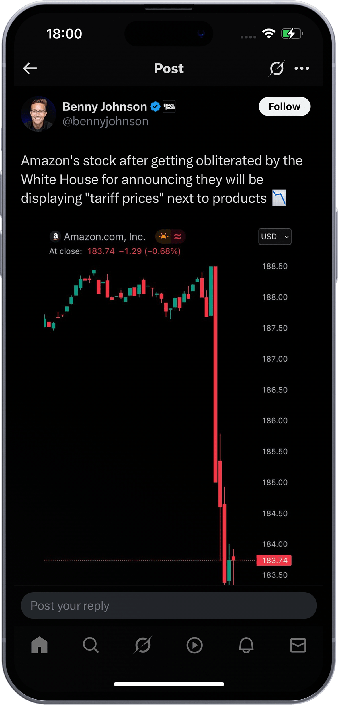 Tweet about Amazon showing tariff prices